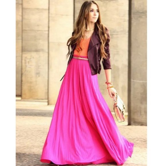 💋STUNNING!💋 Pleated Chiffon Maxi  Skirt in Hot Pink - Picture 2 of 7